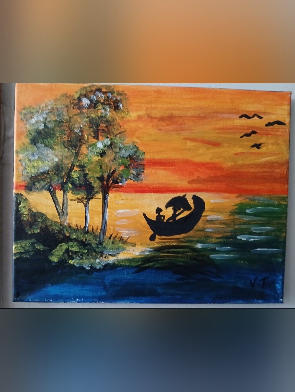 Colorful Sunset Painting On 11 × 14 Canvas. Acrylic paint.